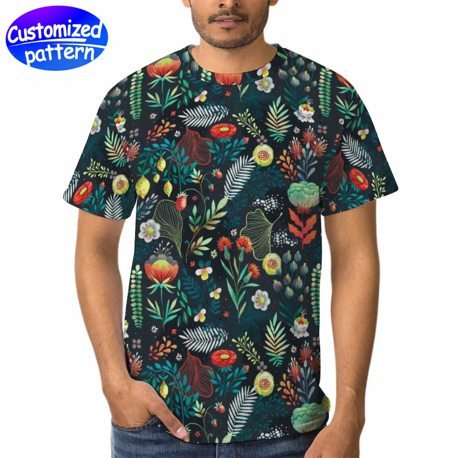 Custom adult full print T-shirt men's and women's breathable sweat absorption double fold cuffs do not shrink do not deform polyester leisure 202g ForestGreen