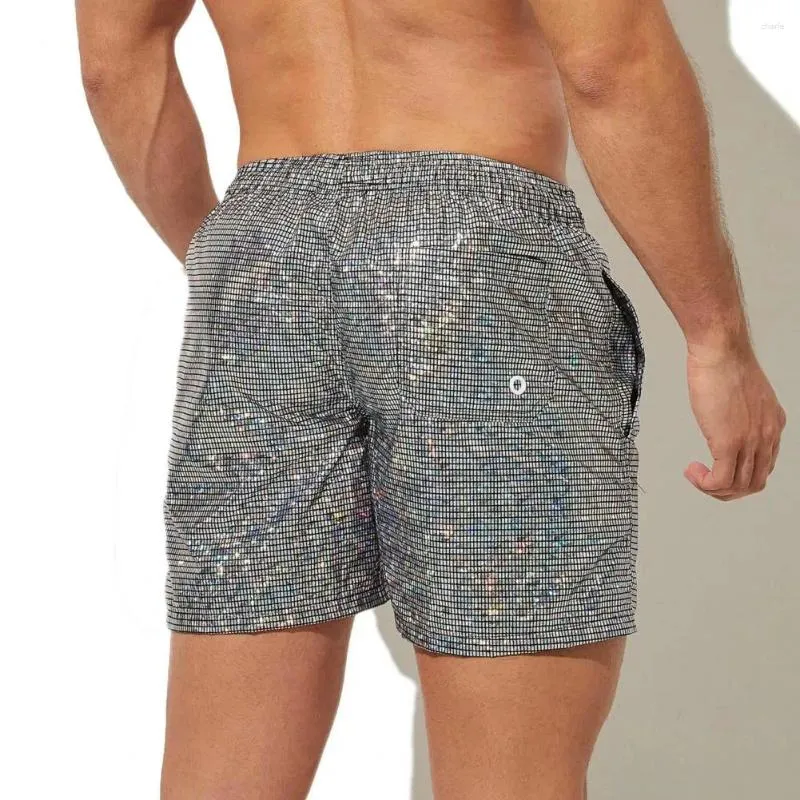 Herren-Shorts, locker, für Strandurlaub, Metallic-Druck, schnell trocknend, für Fitnessstudio, mit Kordelzug, elastischer Taille für Fitness, Joggen