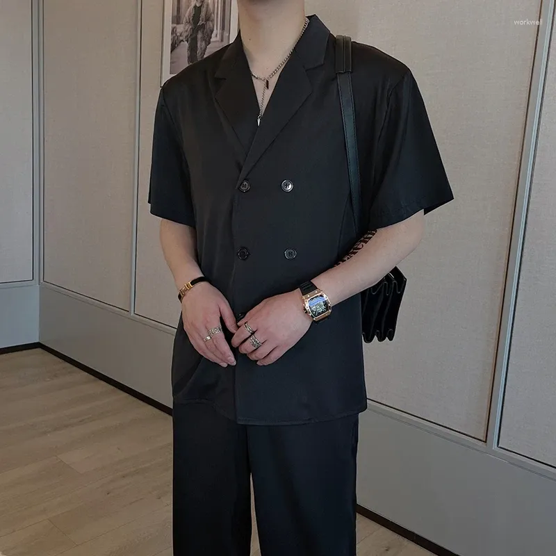 メンズトラックスーツブラウンブラックセットファッションソーシャルメンズドレスセット韓国のゆるい半袖シャツパンツ2ピースアイスシルクM-2xl
