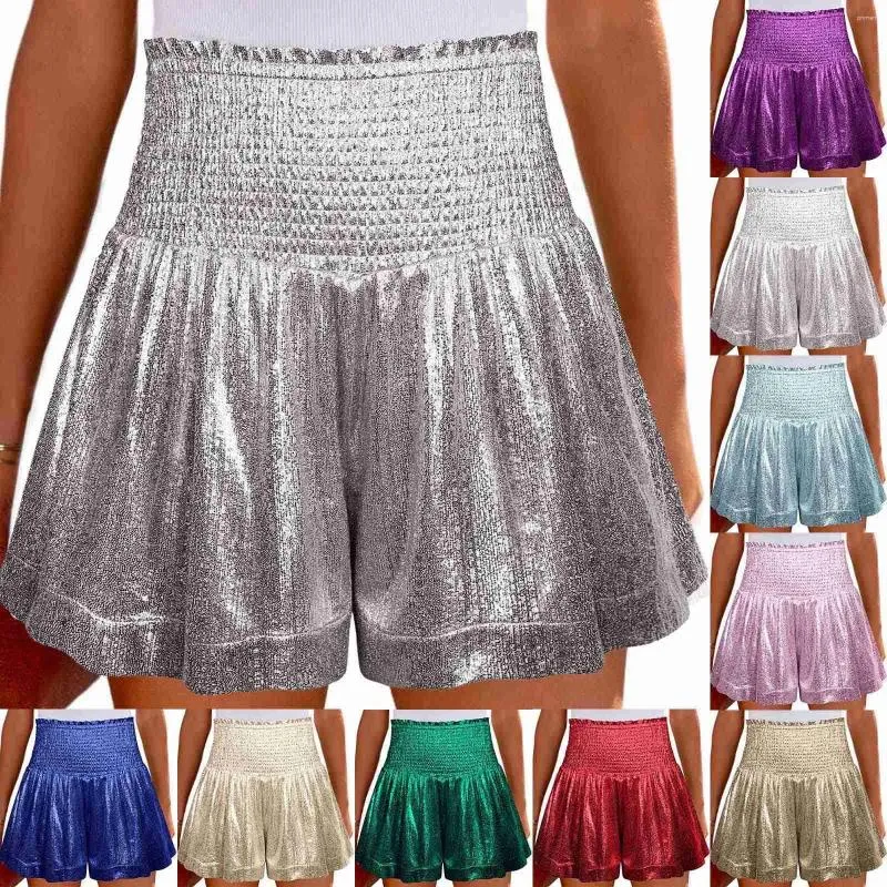 Kjolar kvinnors smockade höga midja glitter metalliska flödande shorts avslappnade sportbyxor lös och elastisk hängande blixt