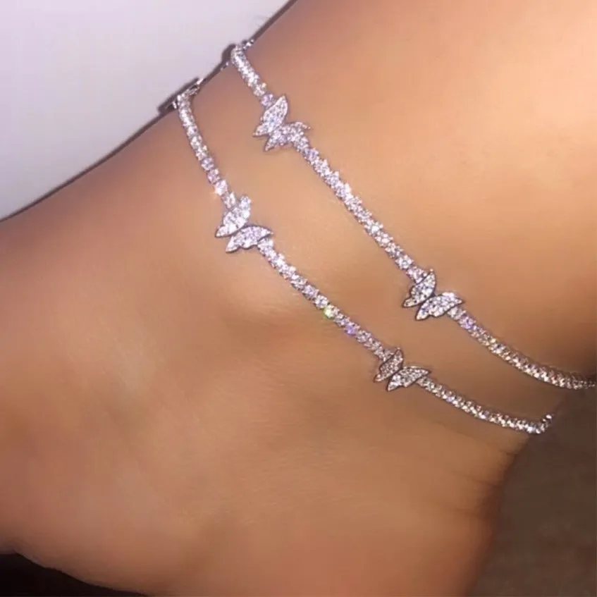 Trendy Shining Cute Butterfly Crystal Tennis Anklet for Women Gold Silver Color Boho Sandals Rhinestone Foot Ankle Chain Jewelry282V