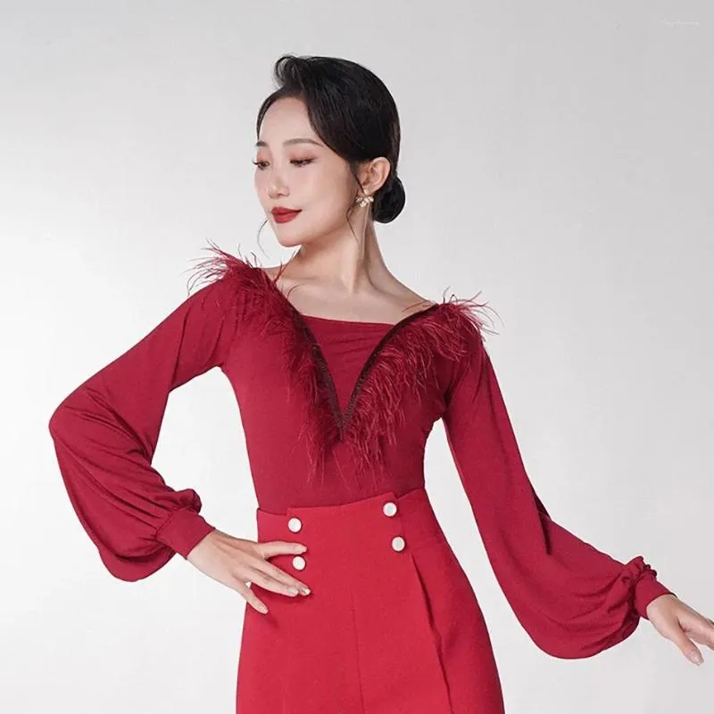 Stage Wear Long Sleeve Tassel Neck Design Bodysuit Female Latin Dance Dress For Women Performance Tops Cha Samba Rumba Clothing F1102