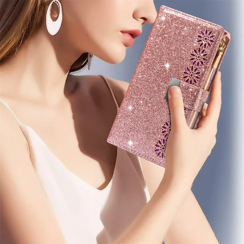 Wallet Bag Case For Xiaomi Redmi Note 12 4G 12 10 11 Pro Plus 11E 11T 10S 9S 8 11SE Glitter Card Holder PU Leather Kickstand Cover Wrist Strap Protective for Women