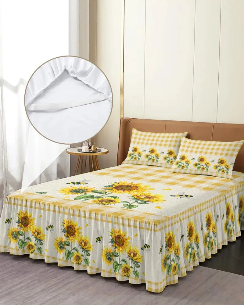 ベッドスカートヒマワリ水彩花の花ビー格子模様の弾力性のある弾性装着ベッドスプレッドマットレスカバー寝具セットシート