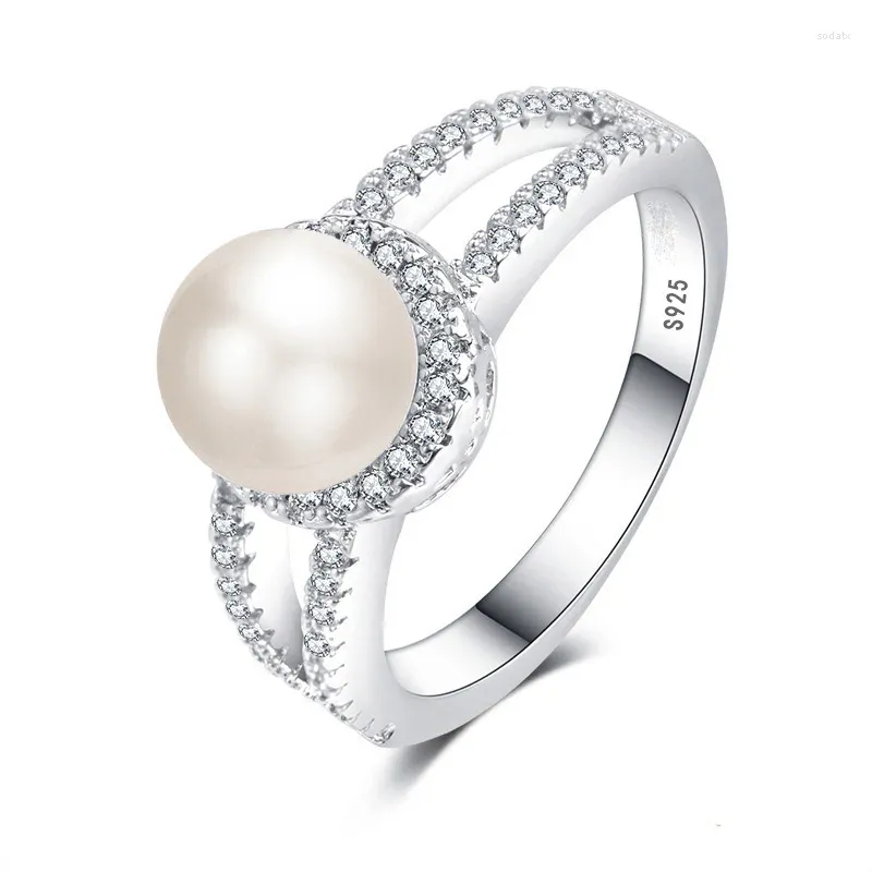 Cluster Rings Luxury 925 Sterling Silver smycken skapade vit pärla för kvinnor elegant bröllop zirkon mujeres anillos mors dag gåva