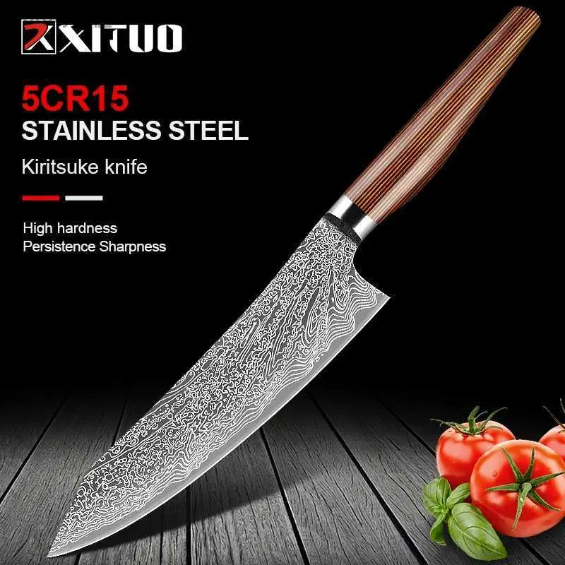 Coltelli da cucina XITUO Coltello da chef da 8 pollici 7Cr17MoV in acciaio inossidabile Damasco Modello da cucina Kiritsuke Gyuto Affettare Sushi Salmone Sfilettare Mannaia Q240226