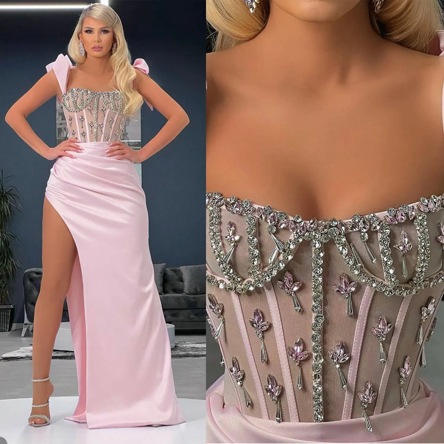 Shiny Pink Mermaid Evening Dresses Crystal Beads Short Sleeve Prom Gowns Sexy Side Split Satin Junior Dress