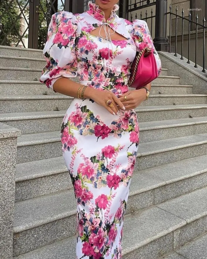 Vestidos casuais moda 2024 verão sexy para mulheres elegante puff manga floral impressão babado hem recorte amarrado detalhe vestido
