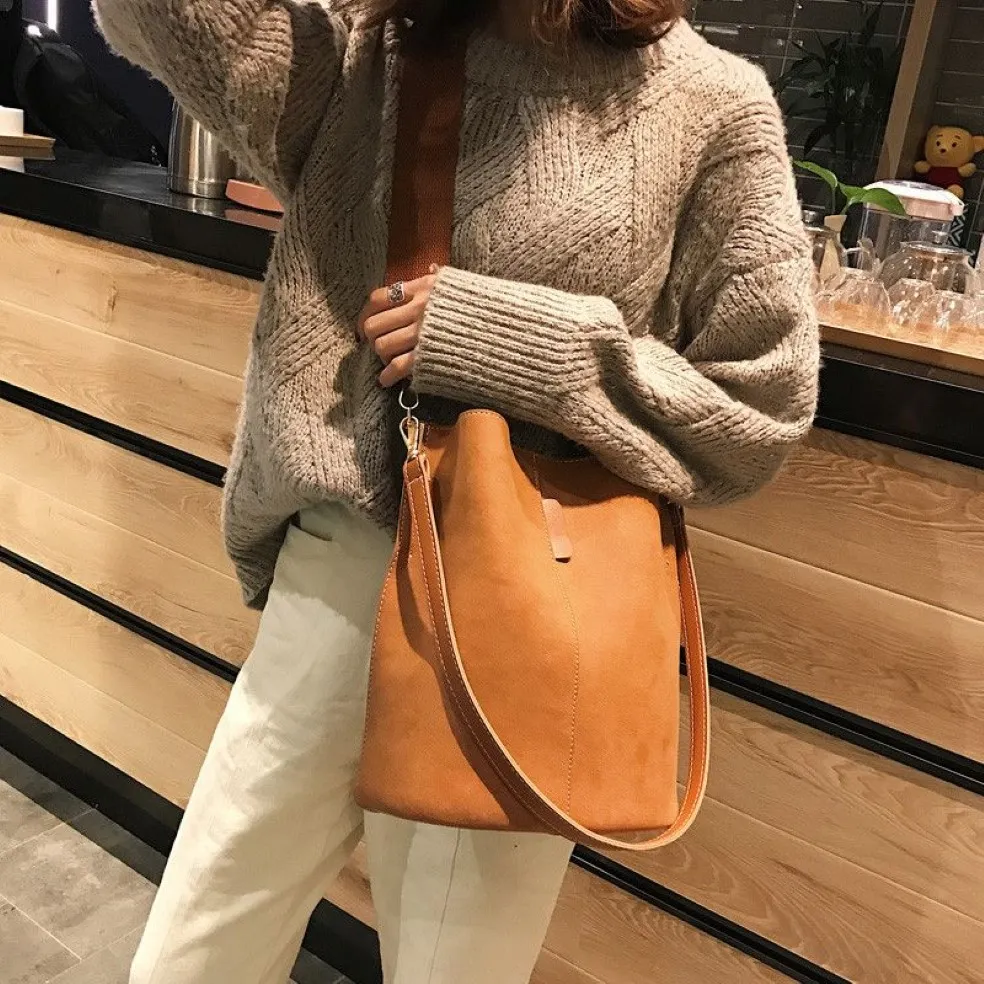 Femmes sac de messager seau sac à bandoulière grande capacité vintage mat en cuir PU dame sac à main bolsos mujer Black203i