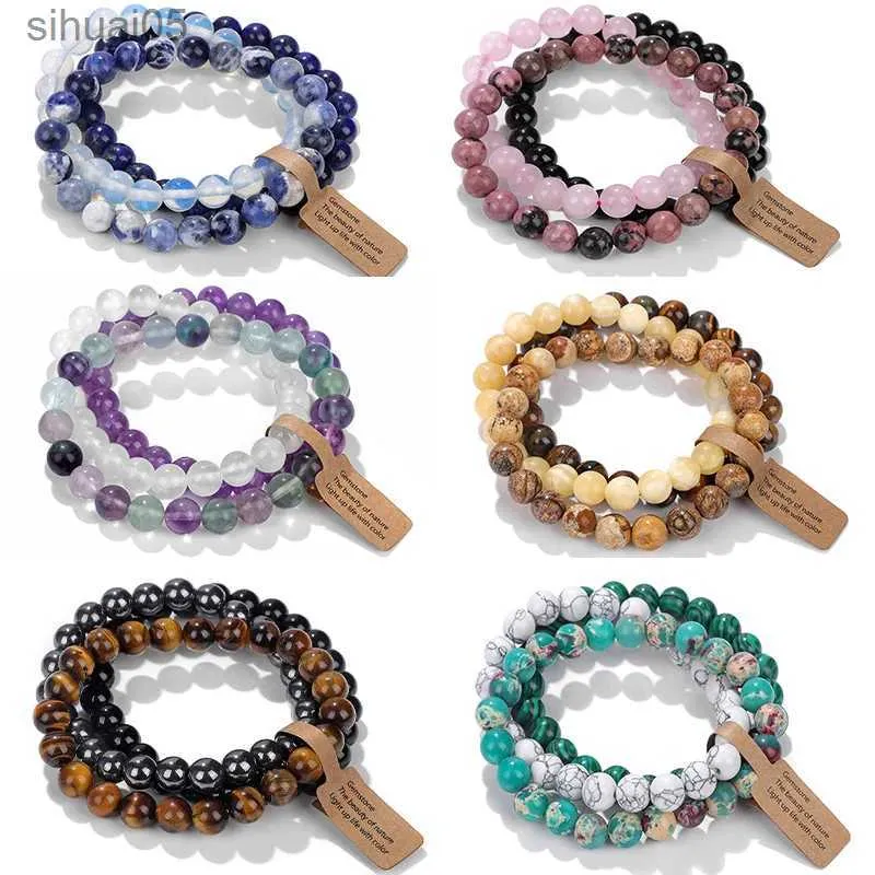 Beaded 3PCS Natural Stone Bracelet Rose Quartzs Opal Turquoises Amethysts Hematite Jaspers Bracelets for Women Men Gift Jewelry Set YQ240226