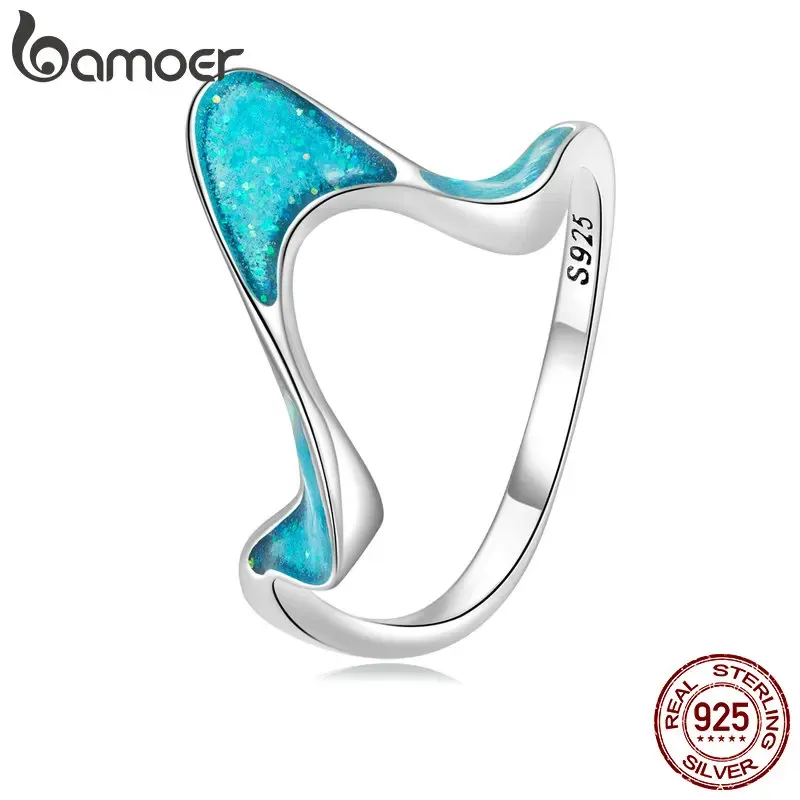 Anéis bamoer 925 prata esterlina azul opala surf onda design anel boêmio simples anel de dedo para mulheres presente exclusivo jóias finas