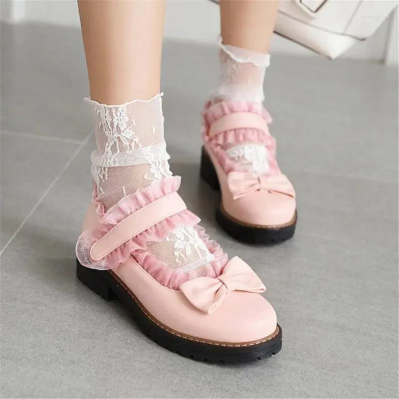 Scarpe eleganti PXELENA Lolita giapponese con volant in pizzo Ragazze Cosplay JK Mary Janes Principessa Bowtie Grosso tacco basso Ballo uniforme Pompa