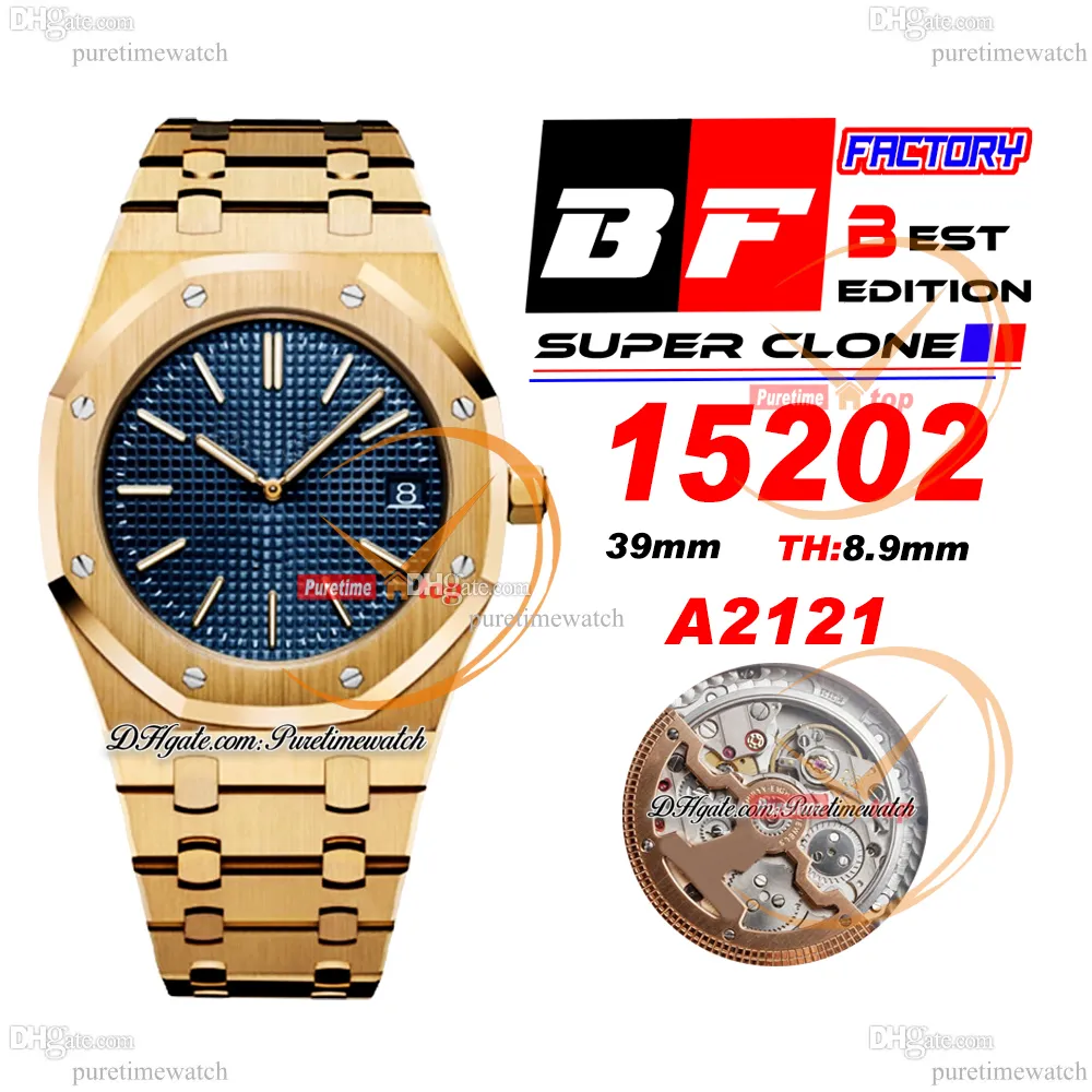 BF 1520 Jumbo Extra dun 39 mm 18K geel goud Blauwe index Tapisserie wijzerplaat Stick A2121 Automatisch herenhorloge roestvrijstalen armband Super Edition Puretimewatch Reloj
