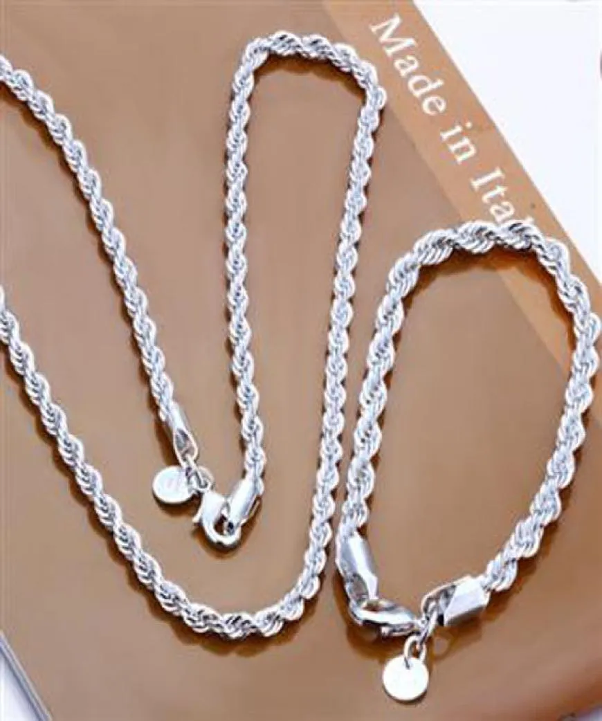 Mode 925 Sterling Silver Set Solid Rope Chain 4MM Hommes Femmes Bracelet Collier 16quot24inch bijoux Lien Italie Noël Nouveau S0517279344