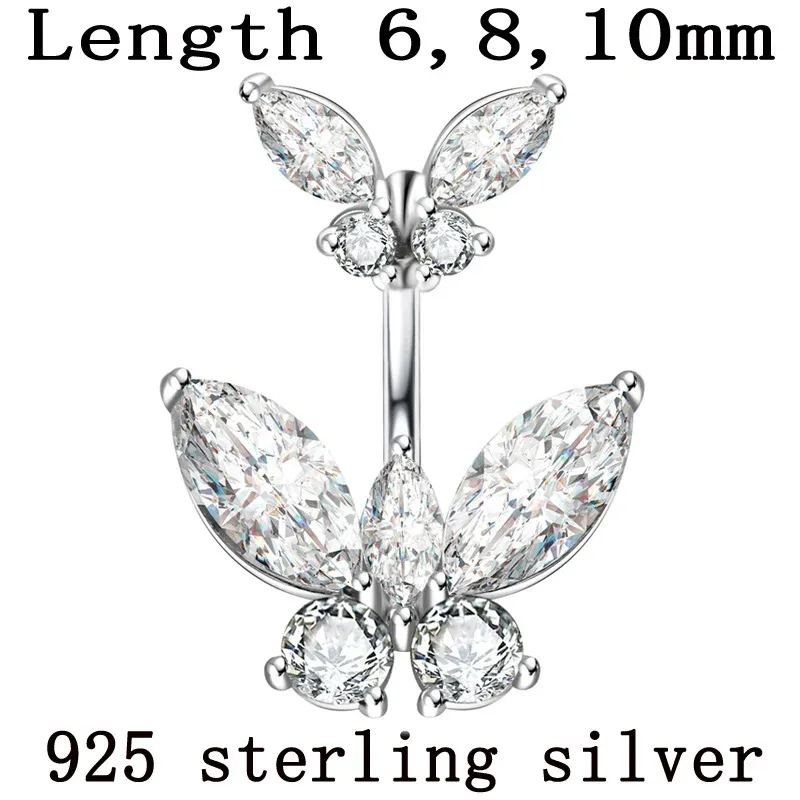 Kedjor Kroppsmycken Butterfly Real 925 Sterling Silver Belly Button Ring Pin Längd 6mm 8mm 10mm Piercing Fine Smycken Gratis frakt