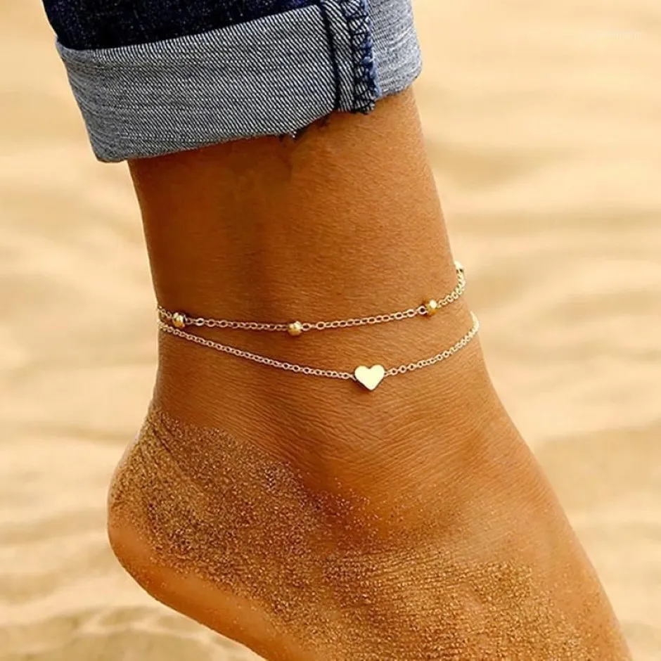 Simple Heart Ankle Layering Pendant Anklet Beaded Foot Jewelry Summer Beach Anklets On Foot Ankle Bracelets For Women Leg Chain1263A