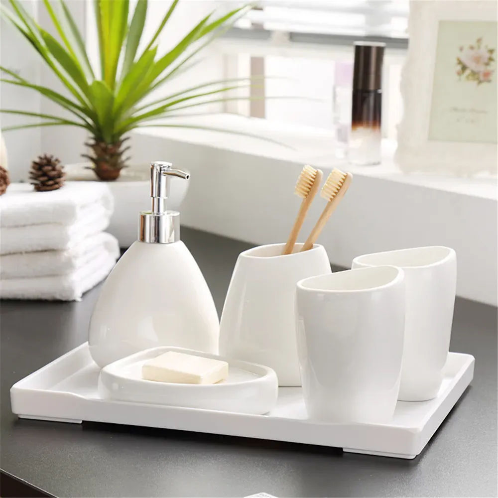 Dispensers Bathroom Wash Accessory Nordic White Ceramic Soap Dispenser Bottle Mouthwash Cup Soap Dish Toothbrush Cup Home Washing Part
