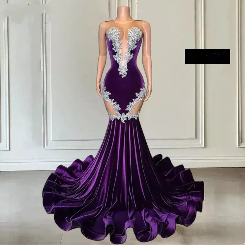 Appliques Sexy Lace Mermaid Black Girl Purple Prom Dress Veet kralen Sheer Mesh Formele feest avondjurken gewaad de
