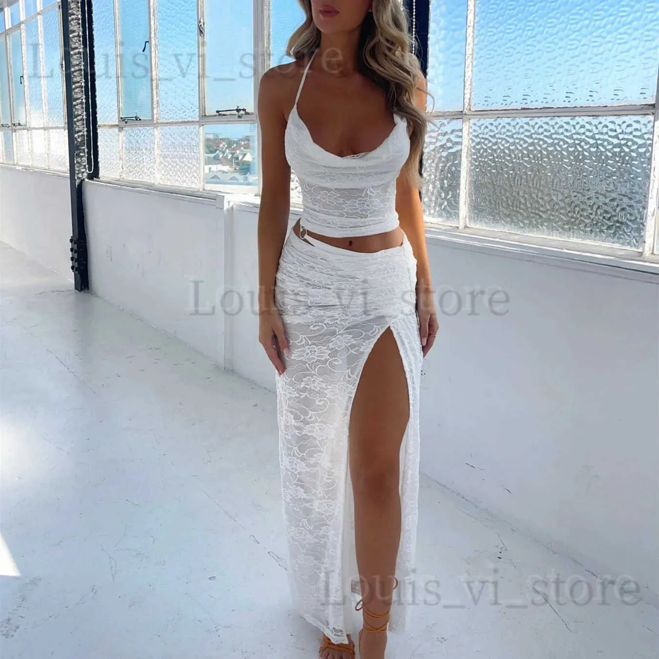 Basic Casual Jurken Hirigin Bloemen Kant Sexy Tweedelige Rokken Set Vrouwen See Through Mouwloze Crop Tops + Rok Femme Elegante Partij Tweedelige Sets T240227