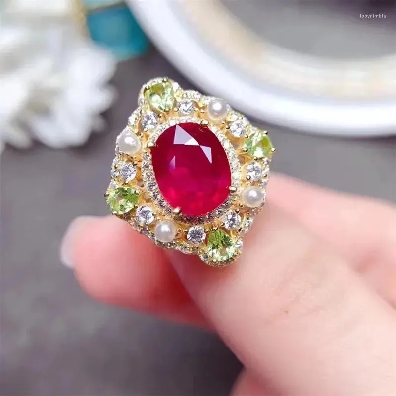 Anéis de Cluster Yulem Natural Ruby 8x10mm Anel com 925 Prata Esterlina e Peridot Zircon Pearl Jóias para Mulheres