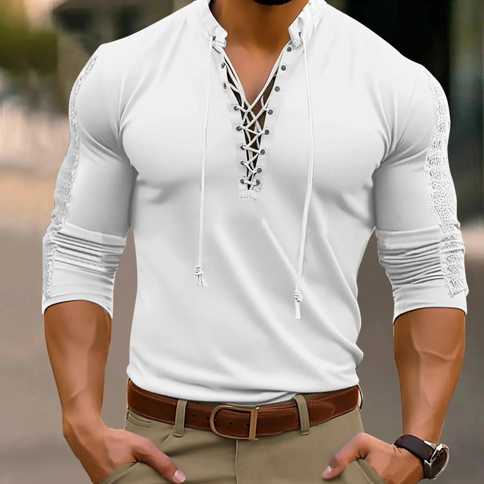 Mens Simple Ventilate Tie V Neck T Shirt Leisure Patchwork Pullover Långärmad halva ärm Fashion Stand Collar 240219