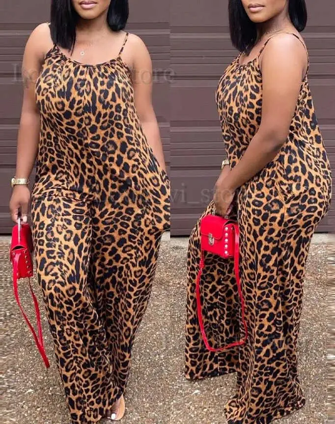 Womens Leopard Print Spaghetti Strap Jumpsuit, Sleeveless High