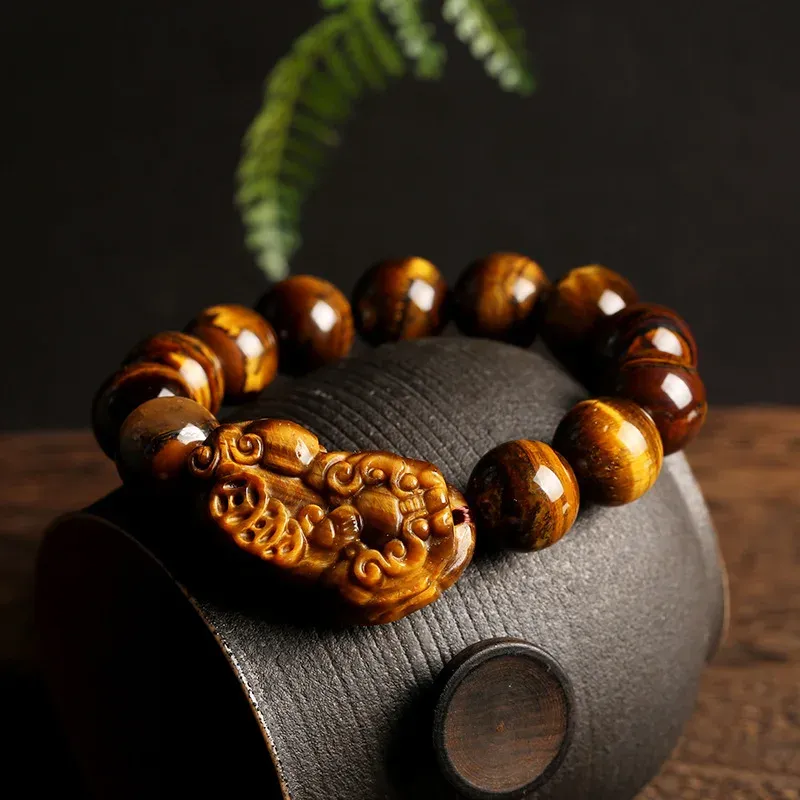 Bangles Gold Tiger's Eye Stone Lucky Pixiu браслет мужские украшения модные украшения натуральный натуральный тигр глаз пи Сюй -браслеты с тонким драгоценный заброс