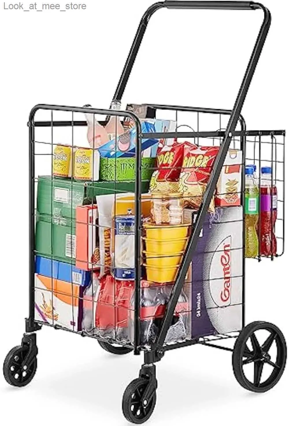 Shopping Carts Folding shopping cart large with dual basket 360 swing wheels heavy-duty multifunctional vehicle a capacity of 110 pounds Q240227