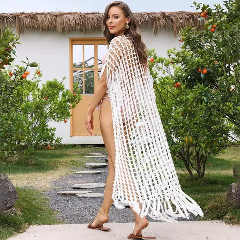 Traje de baño para mujer Cardigan vestido blanco cubrir mujeres de manga larga túnicas sueltas traje de baño 2024 verano playa vacaciones baño borlas ups