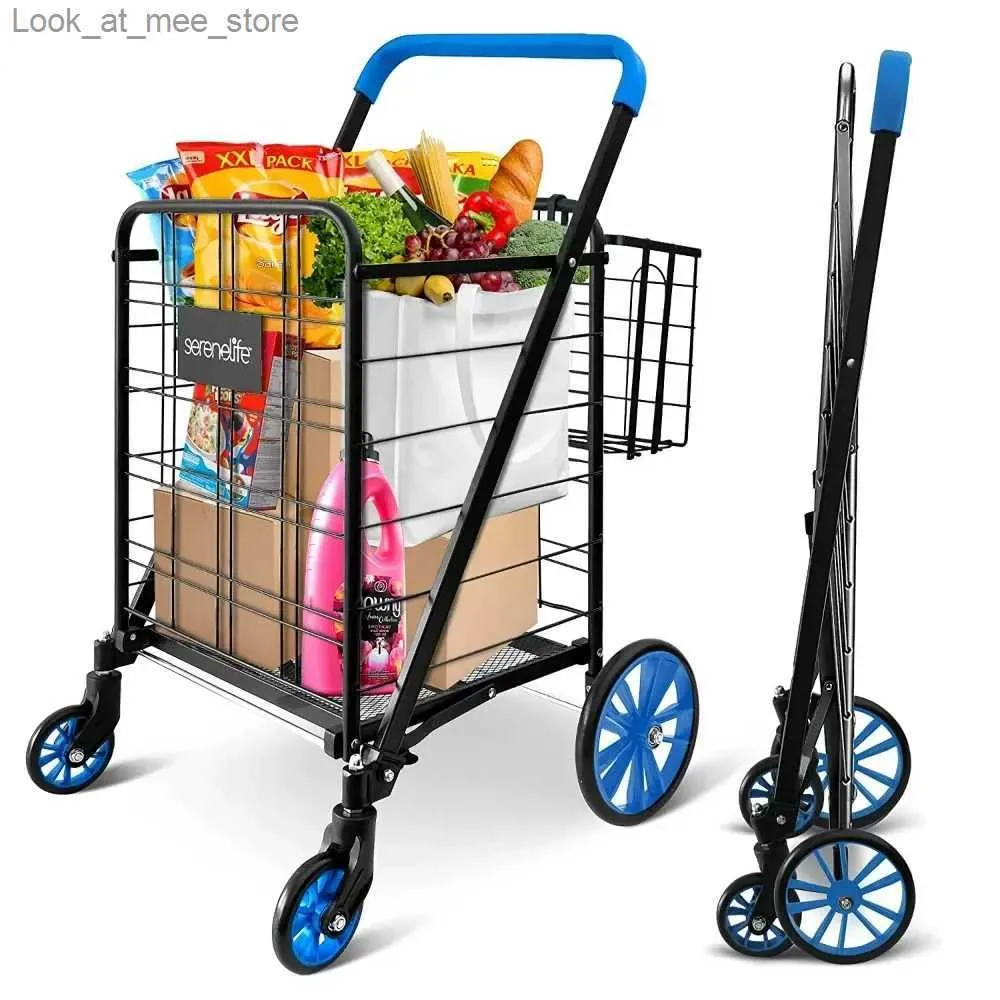 Shopping Carts SereneLife Supermarket Cart Double Basket W/360 Rolling Swinging Wheels Foldable Design Q240228