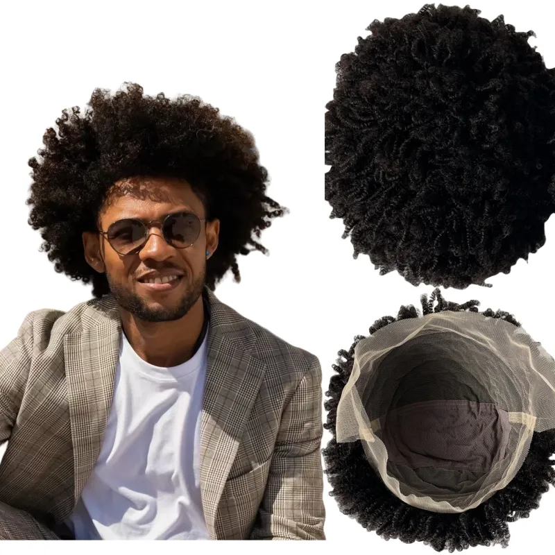 10 Inches 6mm Kinky Curly Brazilian Virgin Human Hair Replacement Natural Black Color Full Lace Wig for Black Men