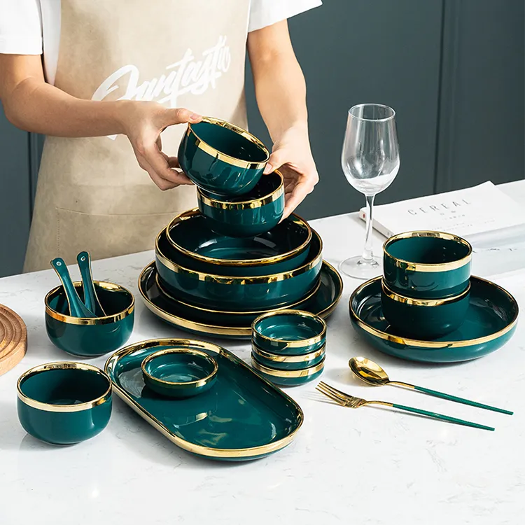 DHgate Ceramic Dinnerware Set Green Luxury Plates Bowls for Restaurant Hotel Home Garden
