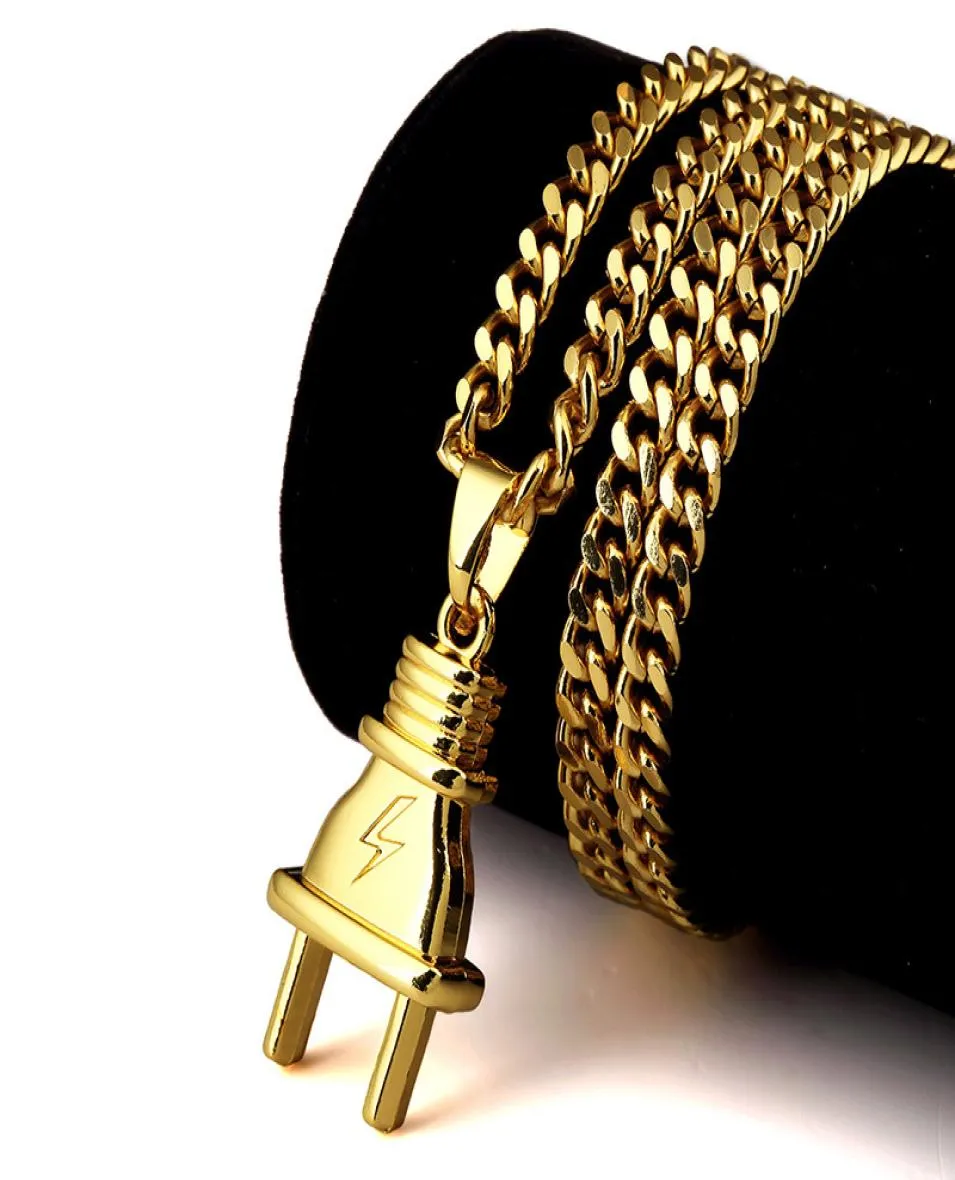 U7 New Fashion Plug Pendant Necklace Stainless SteelBlack GunGold Plated Pendant Rope Chain for MenWomen Hiphop Jewelry Perfect6464988