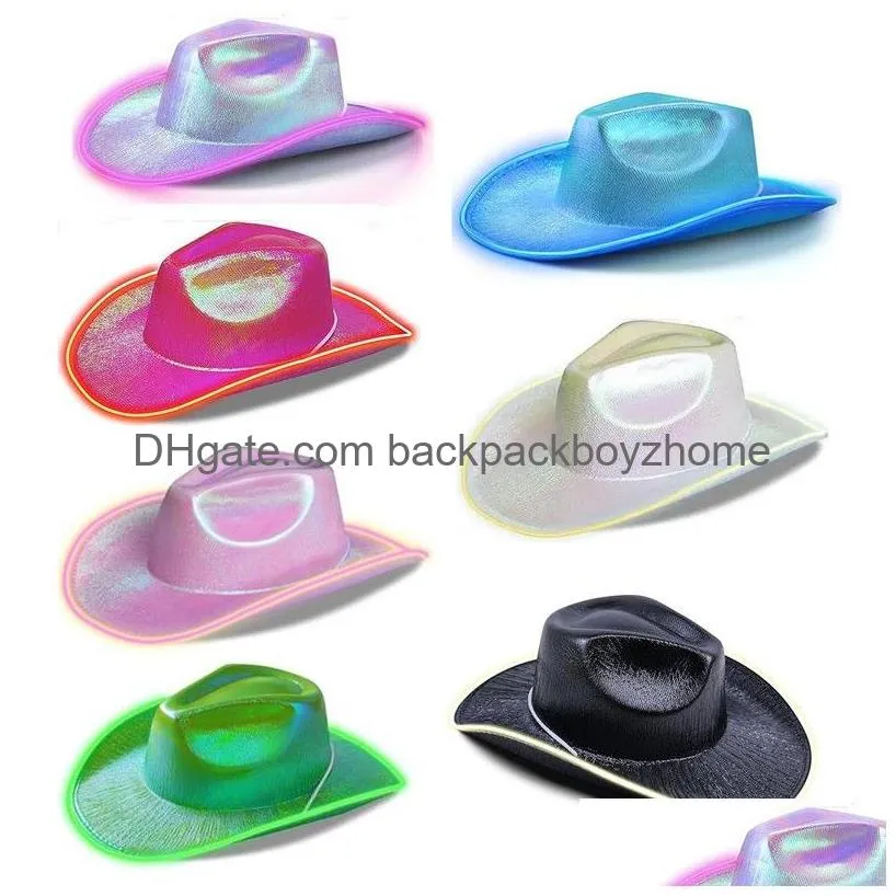 Party Hats Holographic El Wire Led Flashing Light Up Cowboy Hats Neon Sparkly Glitter Space Cowgirl Hat Fluorescent Luminous For Hallo Dh167