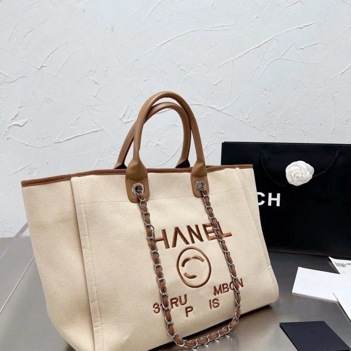 Fashion Brand Beach Bags Chan Designer Handbag Womens Shopping Bag Top Quality Embroidered Linen Canvas Tote Bag Large Capacity Luxury Chain Handheld Shoulder Bag From 35 2 DHgate