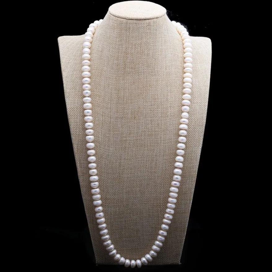 Design 10-11mm 82 cm perle d'eau douce blanche grand pain cuit à la vapeur perles rondes collier de perles chaîne de pull bijoux de mode 257k