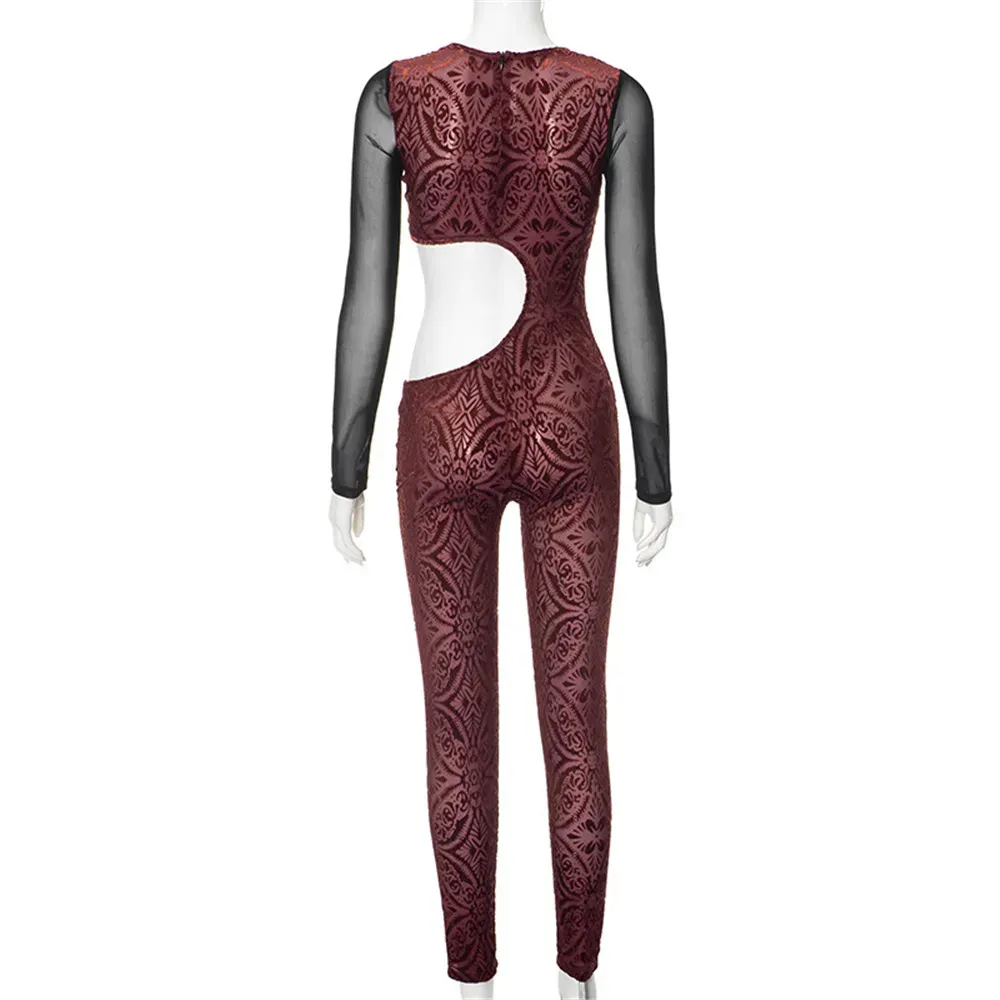 2024 Designer Mesh Jumpsuits Women Spring Long Sleeve Hollow Out Rompers Sexy Sheer Overalls See Through Leggings Night Club Wear Wholesale Clothes 10678