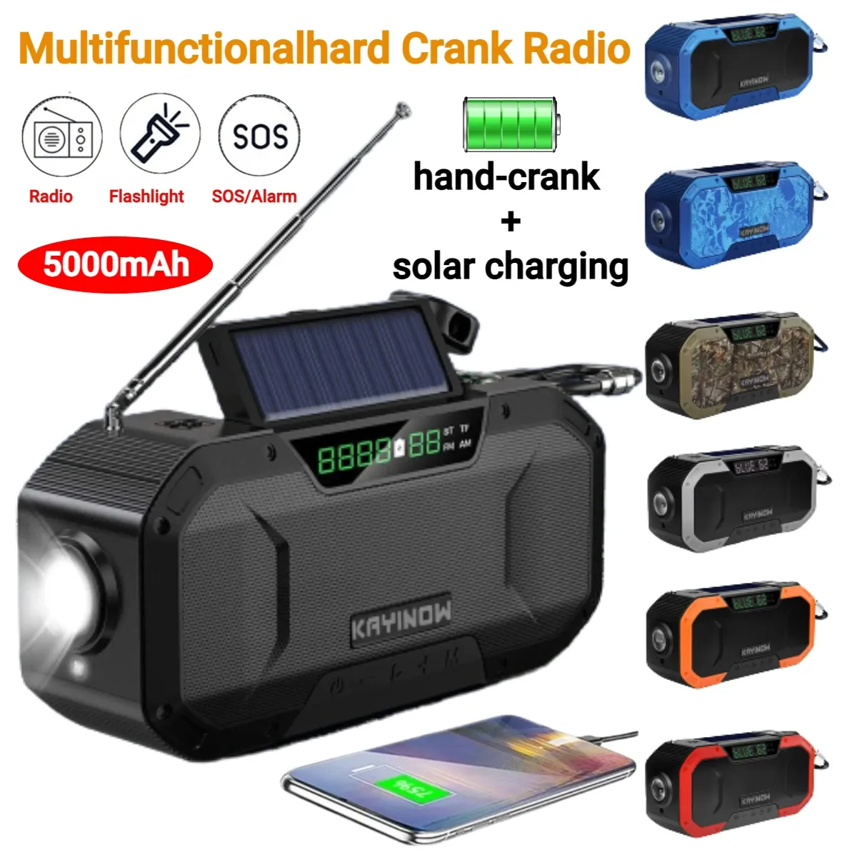 Speakers Solar Powered Hand Clock Radio with LED Flashlight 5000mAh Power Bank Phone Charger Bluetooth 5.0 Speaker AM/FM Emergency Radio