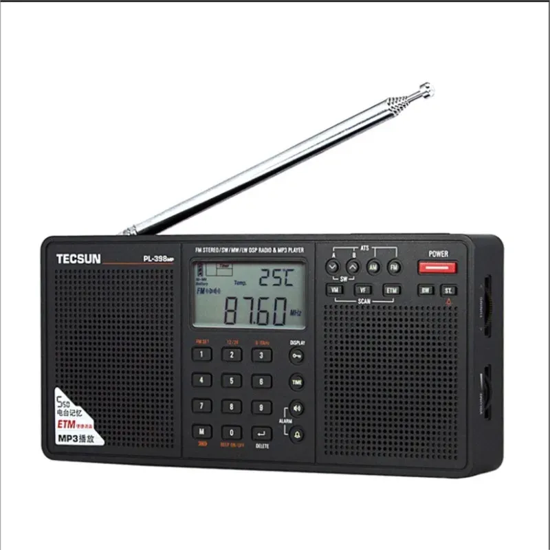 Joueurs Tecsun PL398MP Radio stéréo FM Portable Bande complète Tuning numérique Etm Ats DSP Double haut-parleurs Récepteur Lecteur MP3 Support Carte TF