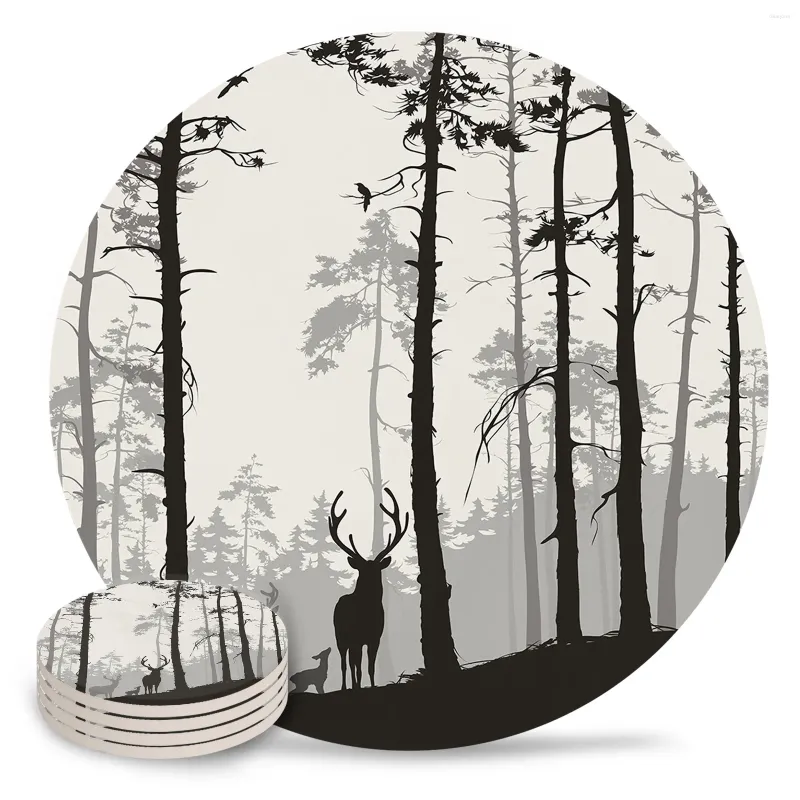 Placemats Rendier Dennenboom Silhouet Keramische Set Keuken Ronde Placemat Luxe Decor Koffie Theekopje Onderzetters