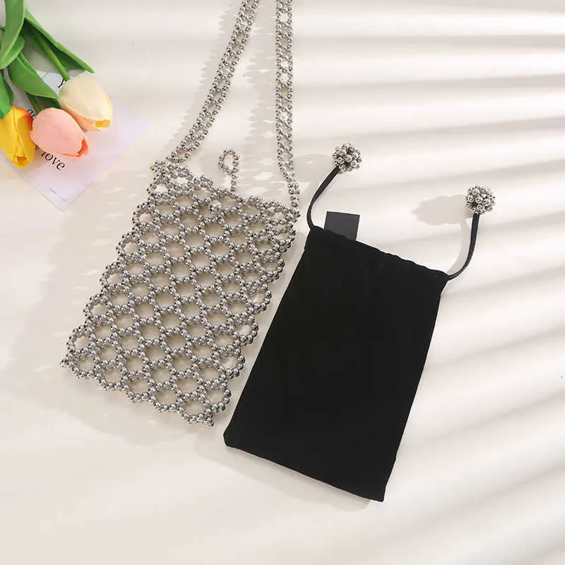 Shoulder Bags Heavy Industry Metal Woven Handbag Hollow Crystal Beaded Pearl Bag Single Handheld Crossbody 240427