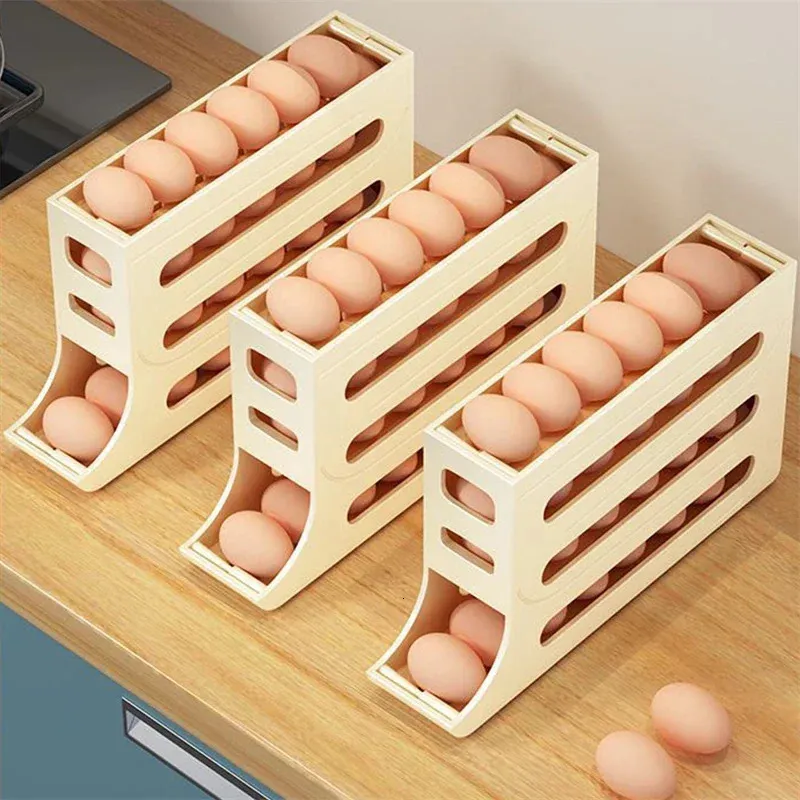 Boîte de rangement d'œufs pour réfrigérateur, support à défilement automatique, grande capacité, pour la cuisine, support à roulettes dédié, 240223