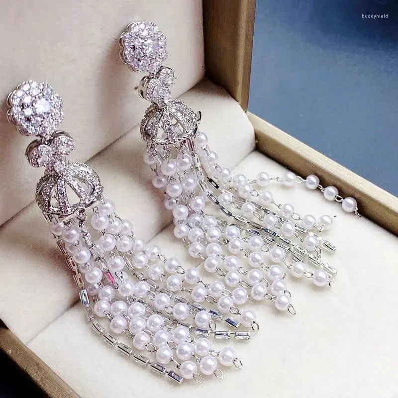 Dangle Earrings Sinzry Gorgeous Cubic Zircon Pearl Long TasselDandle Women Drop 925 Silver Needle