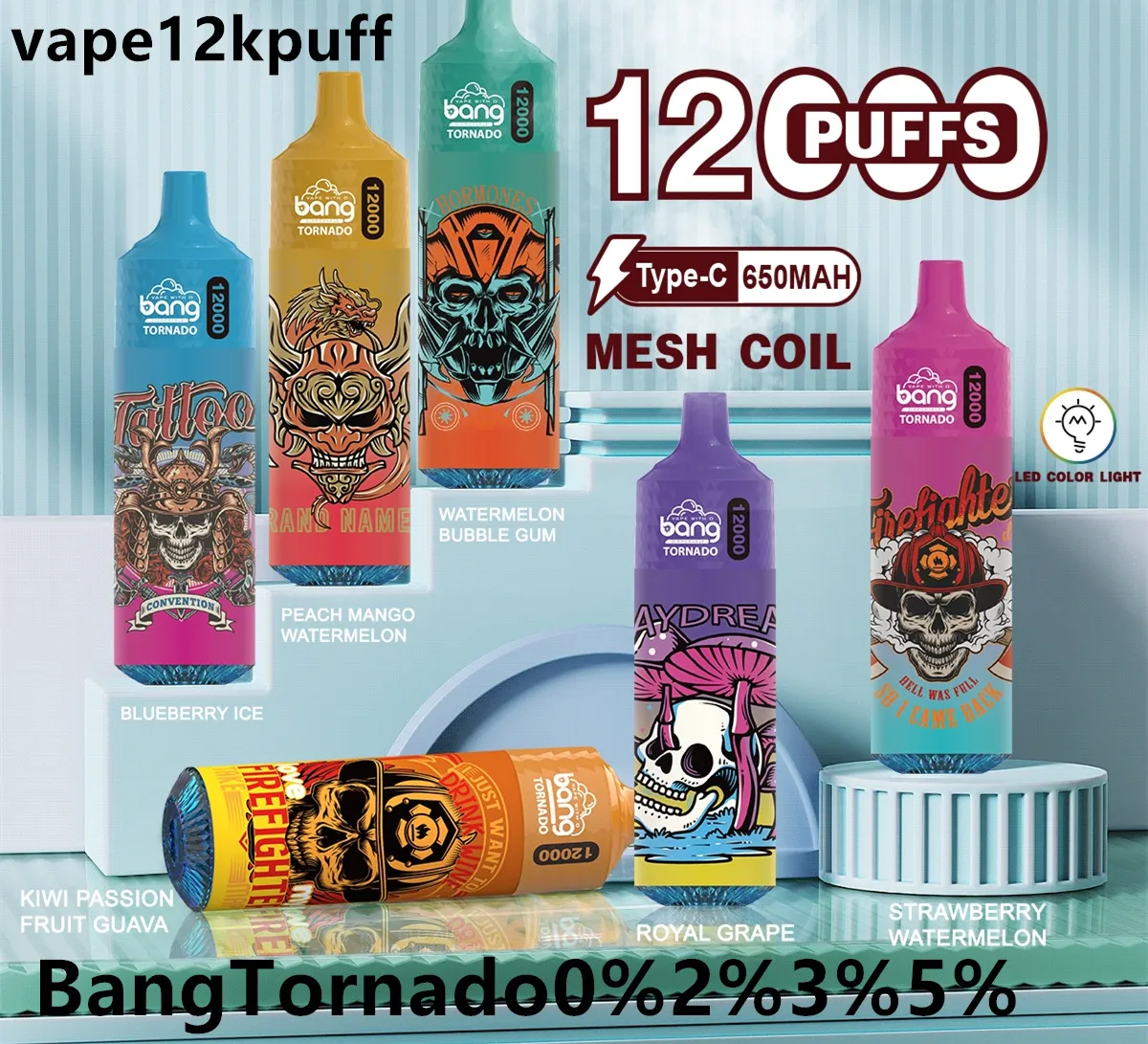 Bangtornado 12000PUFF Puff12000 Vape ładowalny C-typ Cewki 20 ml cewki z siatką 12 ml Pift Electronic Pen 0% 2% 3% 5% LED Kolor Light