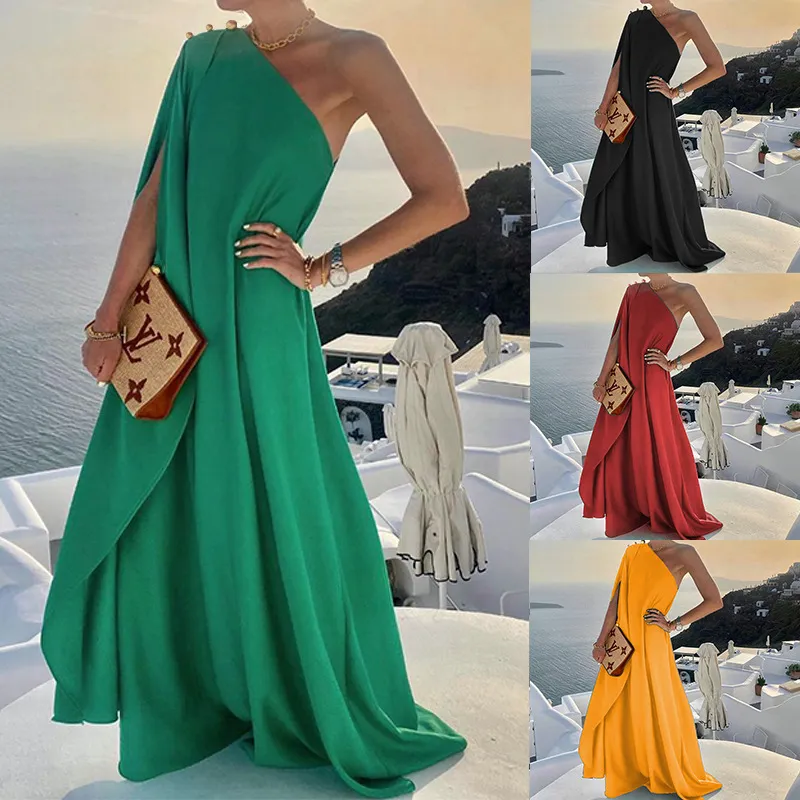 Popular Style Elegant and Chic One-Shoulder Maxi Dress with a Loose Fit and Soft Polyester Fabric Ideal for Spring Summer and Autumn