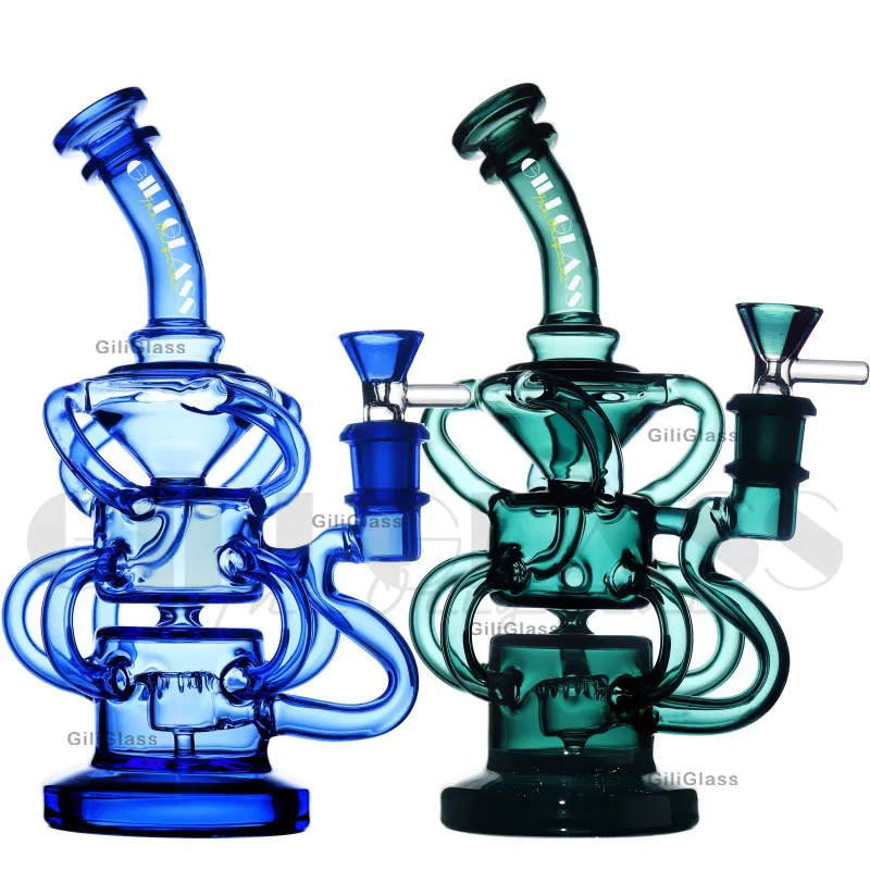 9,5-дюймовые бонги для кальянов Recycler Dab Rigs Большие стеклянные бонги Водопроводные трубы Толстые стеклянные нефтяные вышки Табак с 14-миллиметровой чашей и кварцевым фейерверком