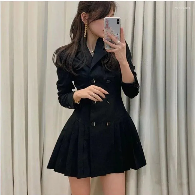 Vestidos casuais mulheres primavera outono preto magro blazers mini vestido 2024 coreano escritório senhora graciosa duplo botão terno casaco feminino