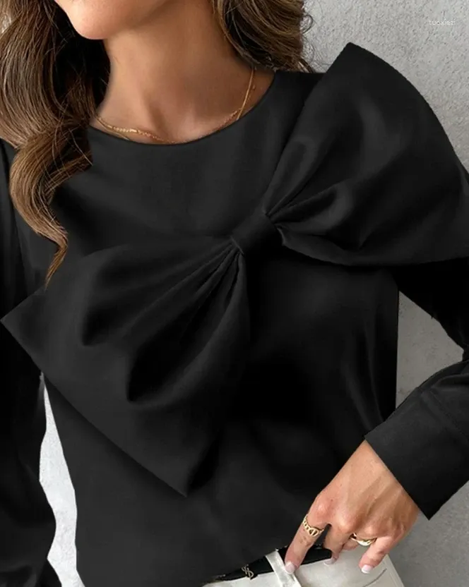 Damen-T-Shirts, lässige Damen-Kleidung, mit Schleife, Dekor, koreanisches Langarm-Oberteil, Frühlings-Herbst, solide, schlanke, elegante schwarze Bluse mit Rundhalsausschnitt