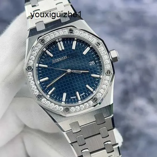 Minimalistische taktische Armbanduhr AP Watch Royal Oak Serie 77451ST, blaue Platte, Original-Stahl mit Diamantbesatz, Damenuhr zum 50-jährigen Jubiläum, 34 mm Durchmesser, 2
