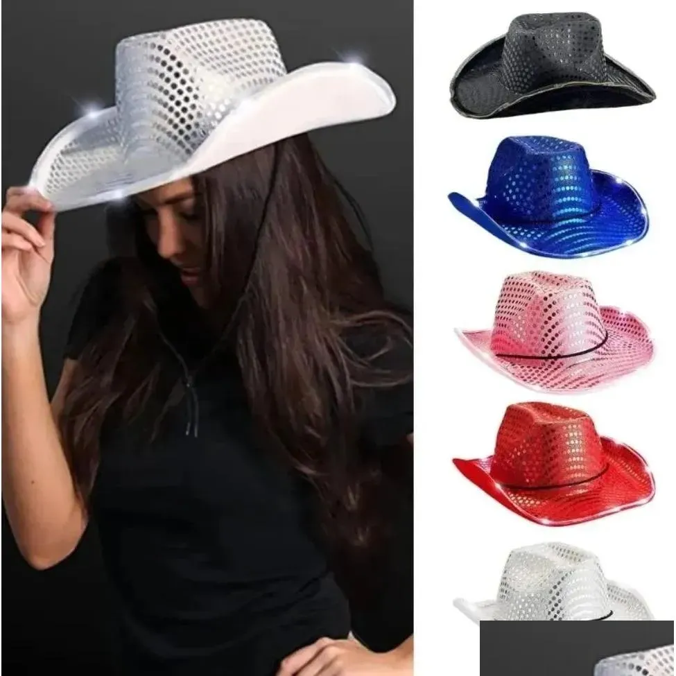 Glowing Light up Green LED Sequin Cowboy Hat